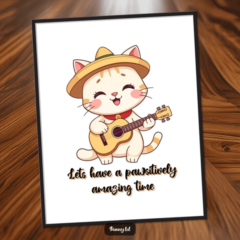 Funny Free Printable Wall Art: Smiling cat character wearing a tiny sombrero plays a miniature guitar, festive and humorous downloadable art.