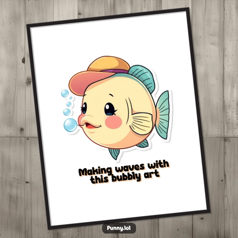 Funny Free Printable Wall Art depicting a curious fish in a tiny hat blowing bubbles, adding a whimsical touch to any room.