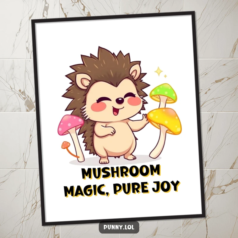 Jovial Free Printable wall art of a giggling hedgehog in mid-juggle with colorful, glowing mushrooms, adding quirky charm to any room.