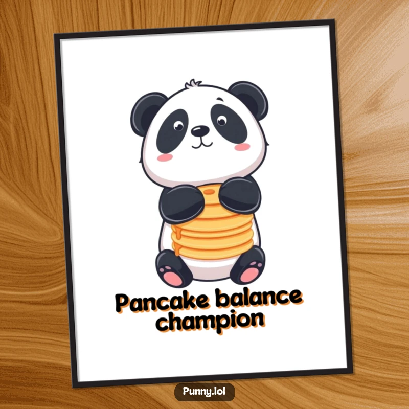 Funny Free Printable Wall Art of a panda artistically balancing a tall stack of pancakes on its nose with impressive skill.