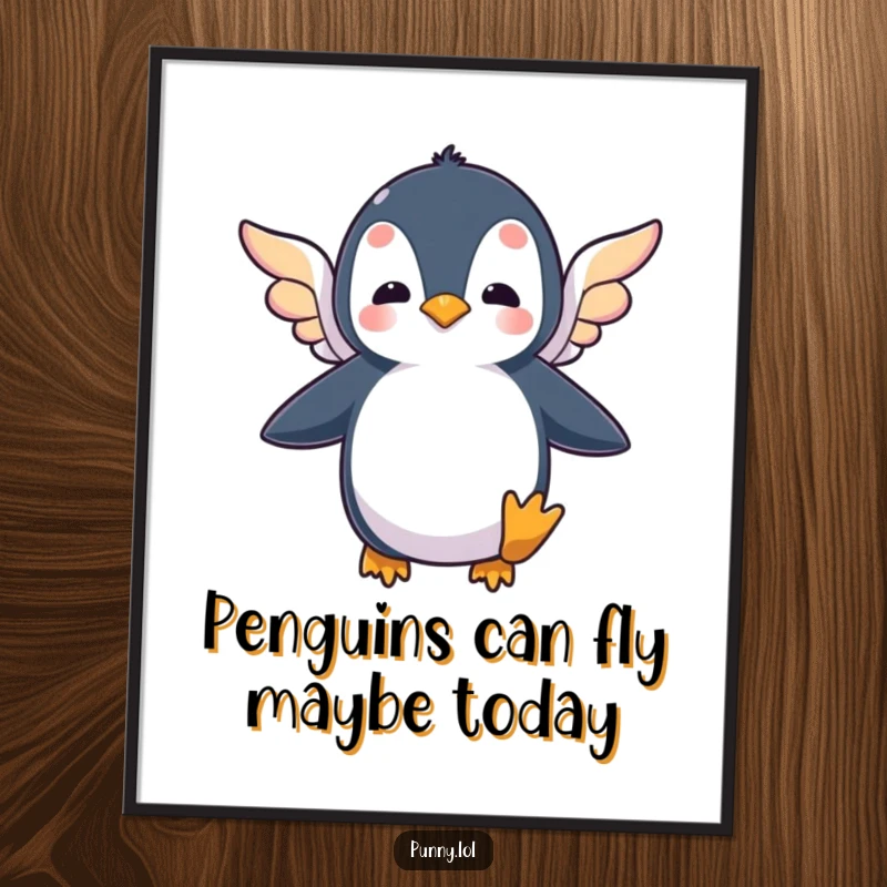 Funny Free Printable Wall Art of a silly penguin character making a comical attempt to fly with tiny, colorful wings.