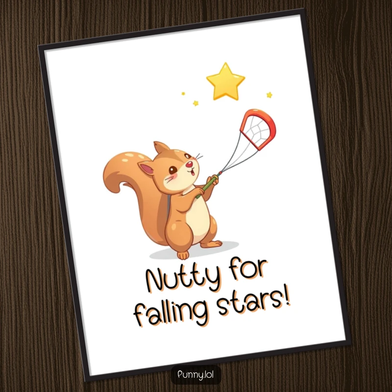 Funny Free Printable Wall Art: A tenacious squirrel with a net successfully catches a dazzling falling star, bringing magic.