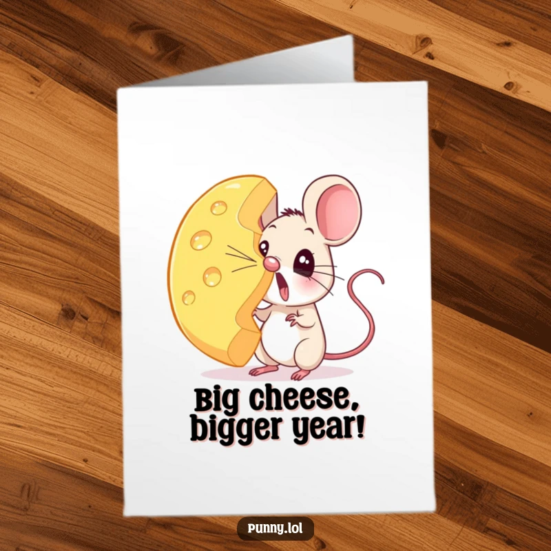 Funny Free Printable Birthday Card: A tiny mouse looks shocked balancing a huge cheese wheel precariously on its nose.