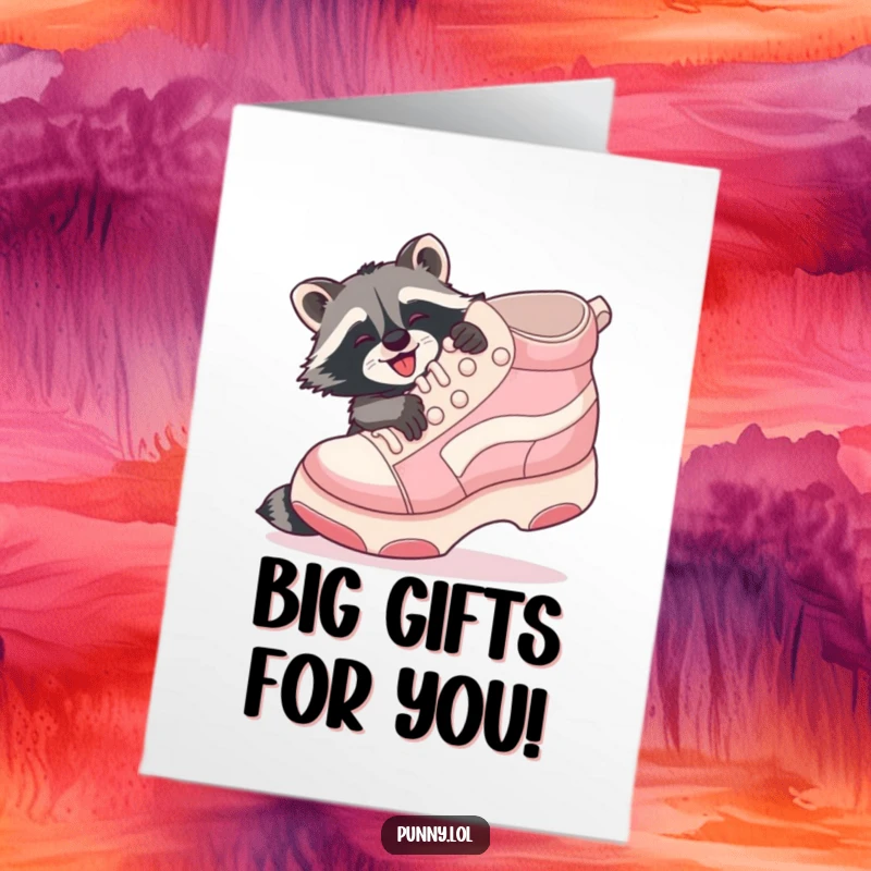 Funny Free Printable Birthday Card featuring a playful raccoon gleefully hugging a giant, inflatable shoe with delight.