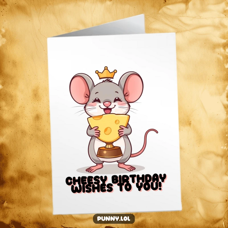 Funny Free Printable Birthday Card: A proud mouse clutches a massive wedge of cheese like a hard-won trophy, beaming.