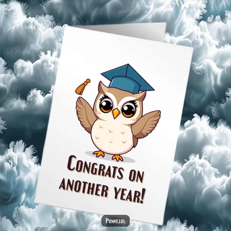 Funny Free Printable Birthday Card featuring a proud owl in a graduation cap tossing its tassel with academic flair.