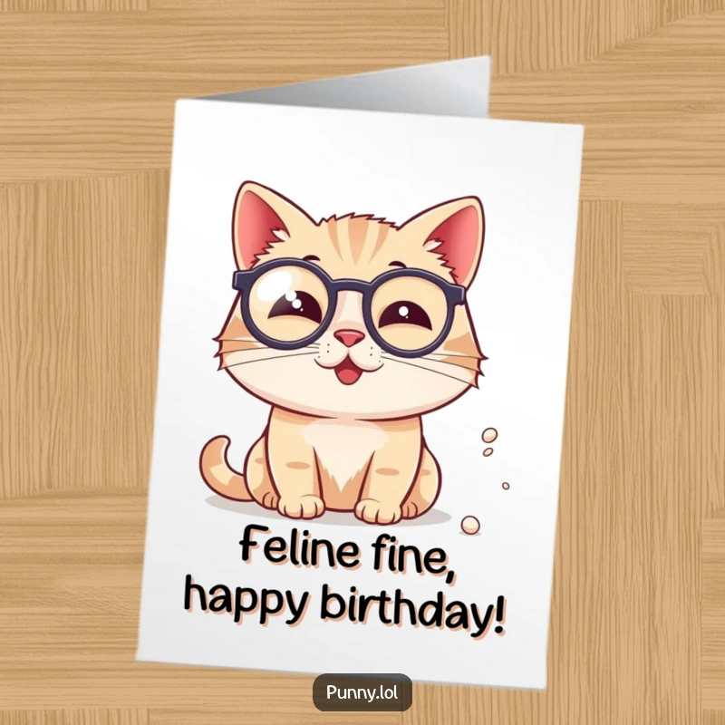 Funny Free Printable Birthday Card: A cat in a monocle examining a tiny speck of dust with great seriousness.