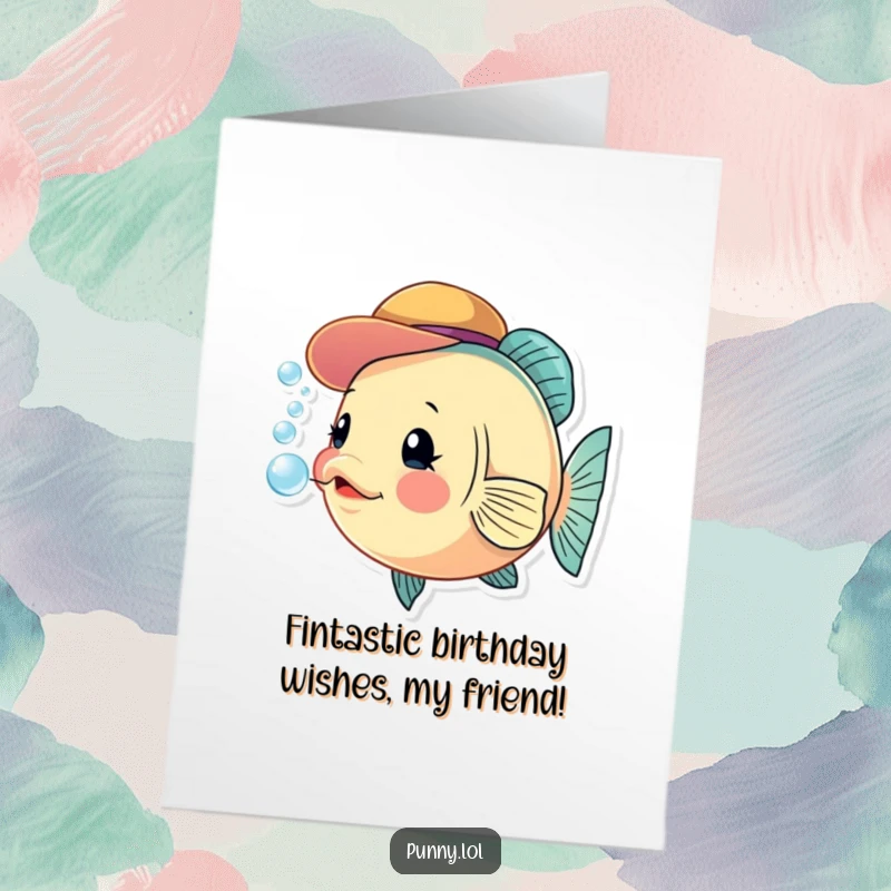 Funny Free Printable Birthday Card featuring a curious fish in a tiny hat blowing festive bubbles, a delightful DIY gift.