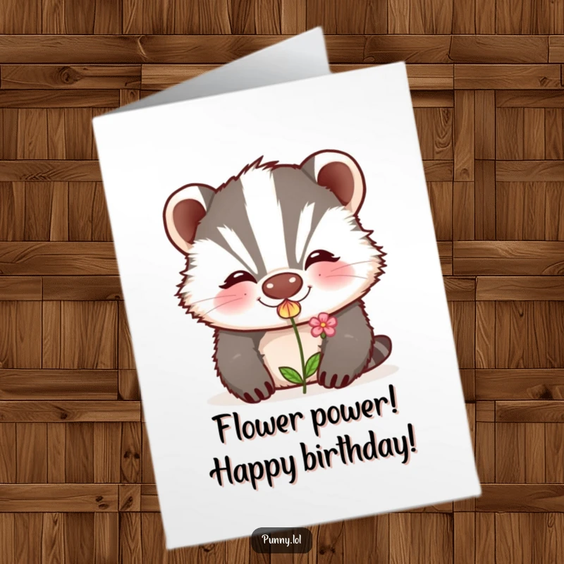 Funny Free Printable Birthday Card: A grinning badger playfully blows a kiss that magically becomes a small, pretty flower.