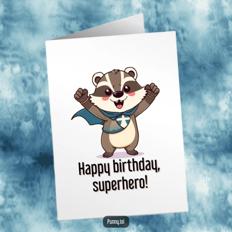 Funny Free Printable Birthday Card: A triumphant badger in a superhero cape strikes a powerful pose, ready to party.