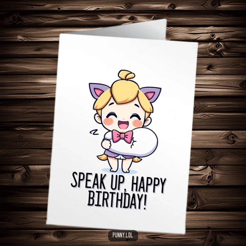 Funny Free Printable birthday card featuring a delighted character in a bowtie holding a gigantic speech bubble, ready to express joy.