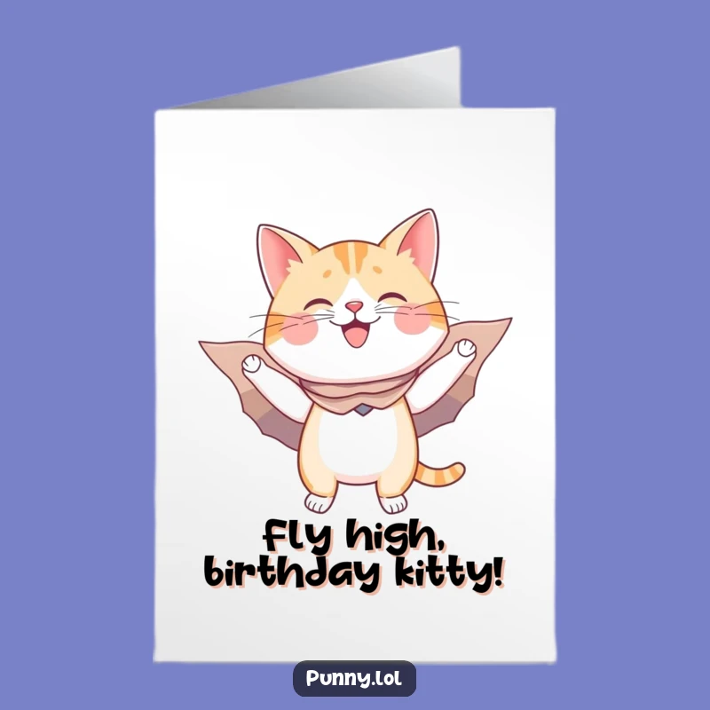 Free Printable Birthday Card: Flying Cat Hero, Funny Downloadable Gift