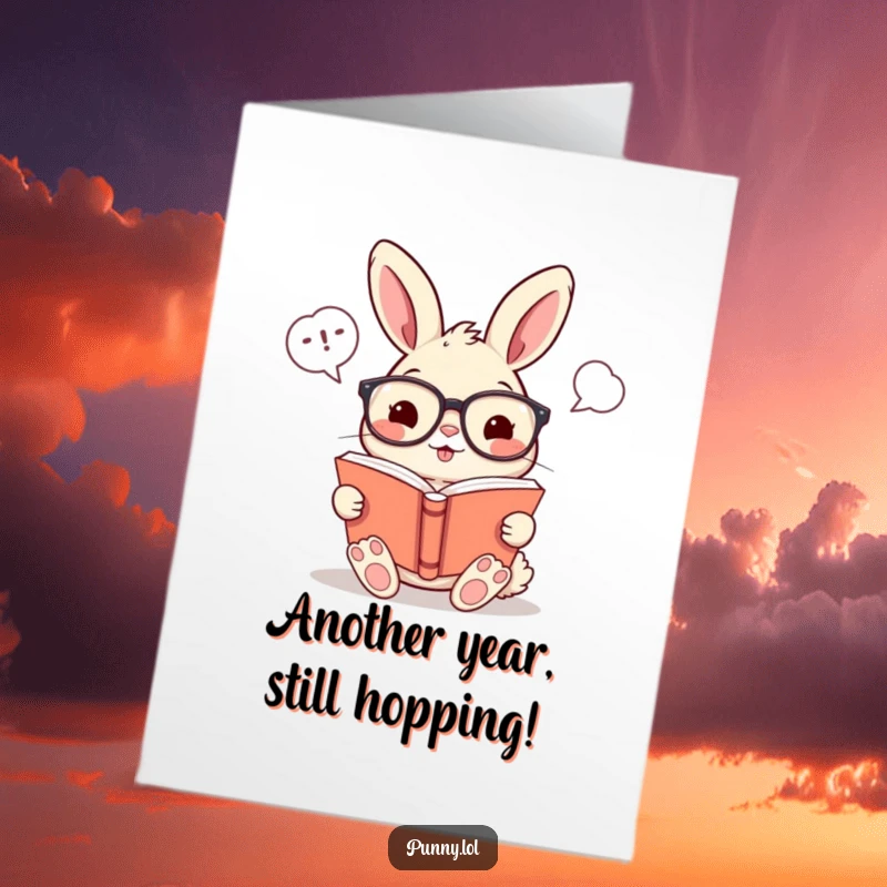 Funny free printable birthday card: a cheerful rabbit in glasses reads a book with humorous speech bubbles, perfect for a book lover.