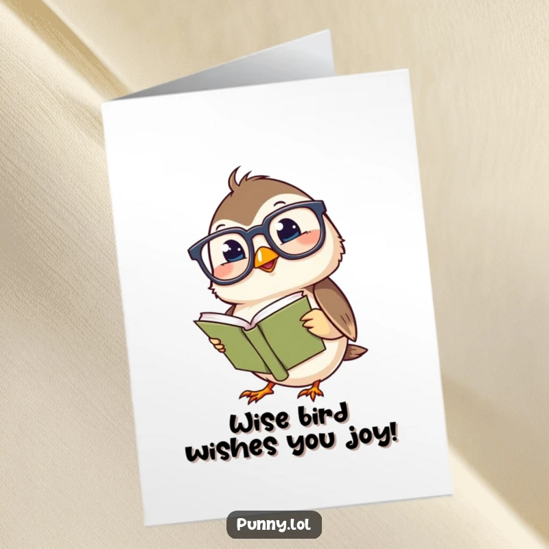 Funny Free Printable Birthday Card: Giggling chickadee wearing big glasses reads a book, perfect for a smarty-pants.