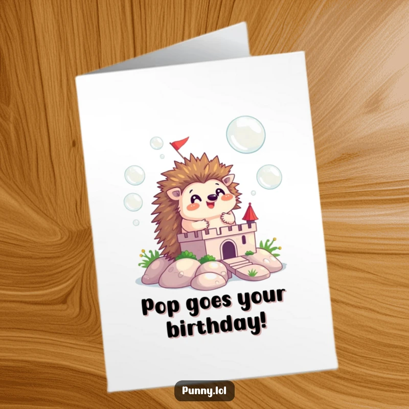 Funny Free Printable Birthday Card: Happy hedgehog joyfully builds a castle from shimmering floating bubbles.