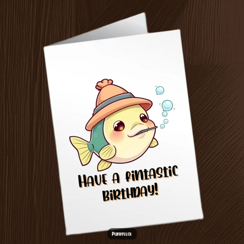 Funny Free Printable Birthday Card: Curious fish with tiny hat blowing bubbles, celebrating your day.