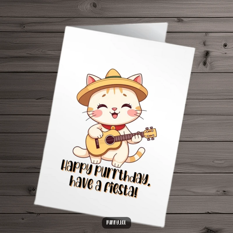 Funny Free Printable Birthday Card: Cat in sombrero plays guitar, a festive and humorous downloadable greeting card.