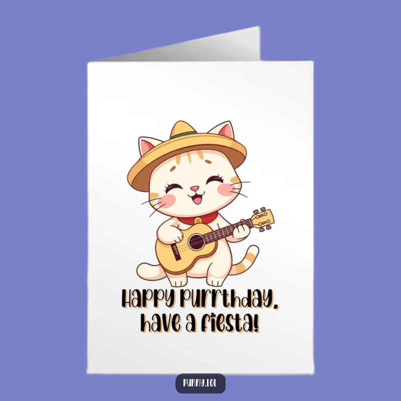 Free Printable Funny Birthday Card: Fiesta Cat with Guitar Humorous Downloadable Gift