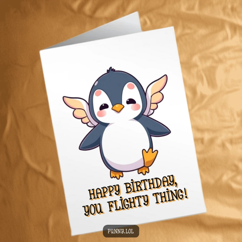Funny Free Printable Birthday Card featuring a silly penguin flapping tiny, colorful wings in a comical attempt to fly.