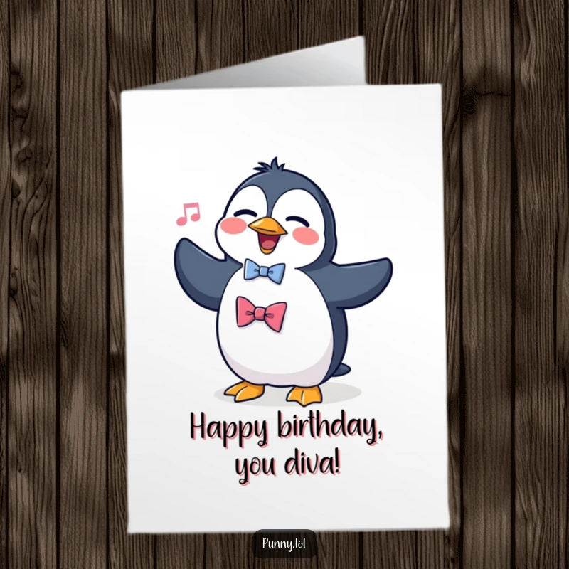 Funny Free Printable Birthday Card: A penguin in a bowtie belts out opera, ready to celebrate a big day.