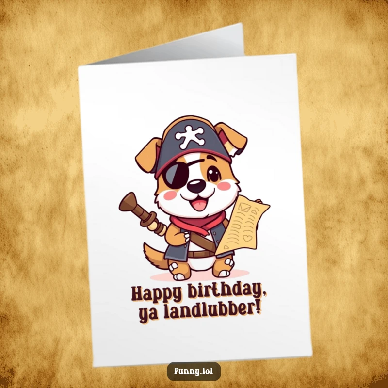 Funny Free Printable Birthday Card featuring a playful dog in a pirate hat, holding a treasure map on a birthday quest.