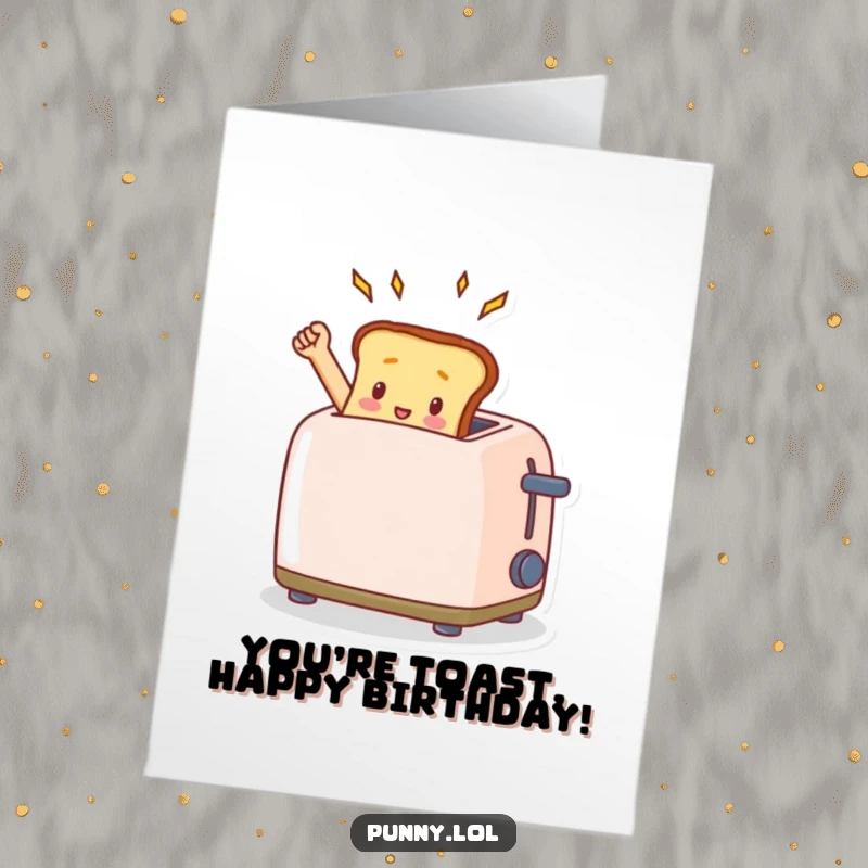 Funny Free Printable Birthday Card: A tiny, triumphant piece of toast, leaping from a toaster, celebrating a fantastic birthday.