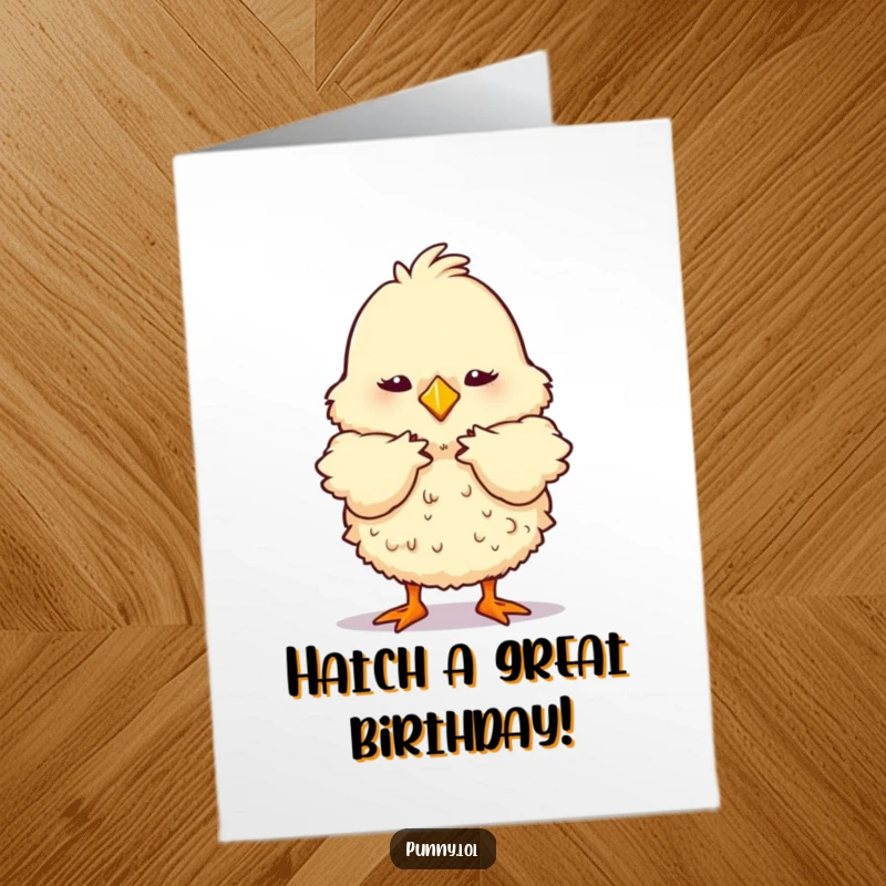 Funny Free Printable Birthday Card: Fluffy chick taking a dramatic stage bow, celebrating your birthday.