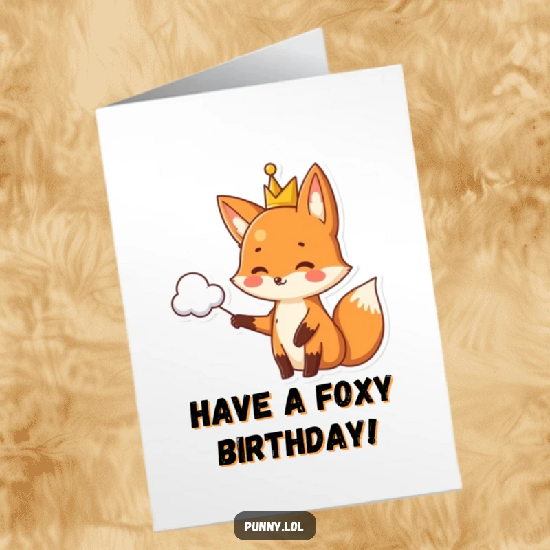 Funny Free Printable Birthday Card: A cheerful fox in a tiny crown points to a cloud shaped like a pun, perfect for a witty birthday.