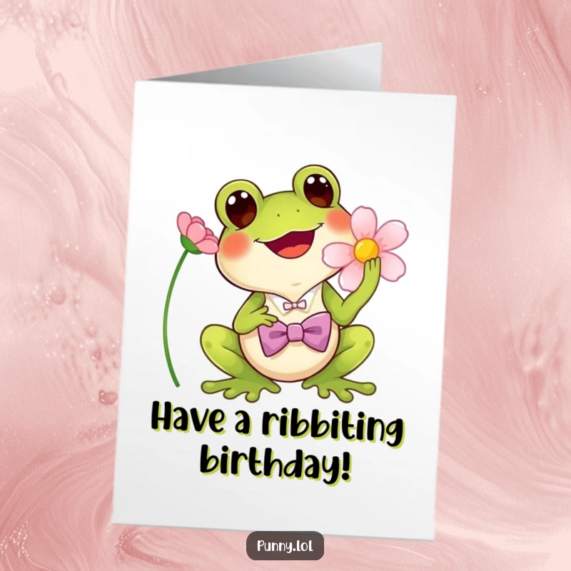 Funny Free Printable Birthday Card: A frog in a bowtie singing joyfully into a flower.