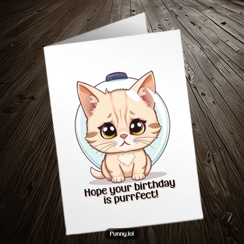Funny free printable birthday card showing a confused cat attempting to wear a fishbowl as a helmet.