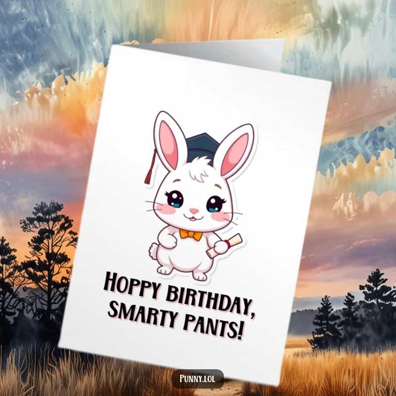 Funny Free Printable birthday card featuring a cheerful rabbit in a graduation cap, holding a diploma, ready to party.