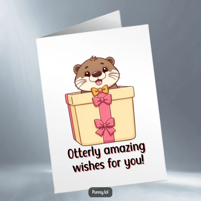 Funny Free Printable Birthday Card featuring a dapper otter in a bow tie peeking from a gift box, ready to party.