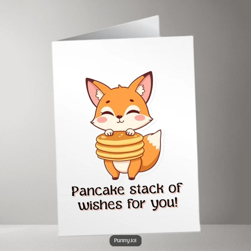 Funny Free Printable Birthday Card: Mischievous fox winks while expertly balancing a tall stack of pancakes.