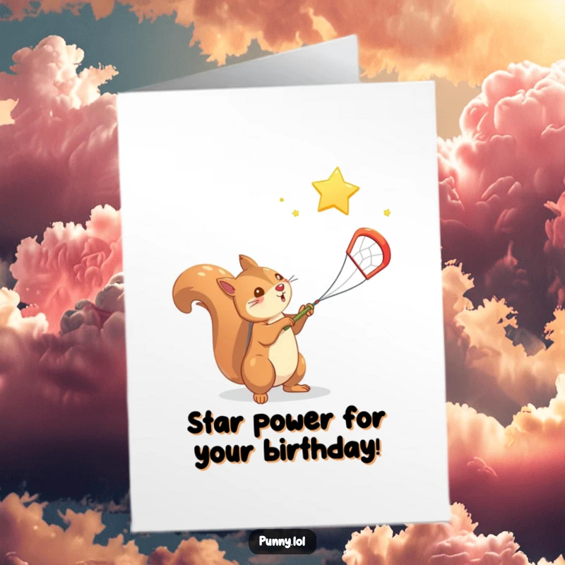 Funny Free Printable Birthday Card: A determined squirrel expertly catches a falling star in a net, celebrating wishes.