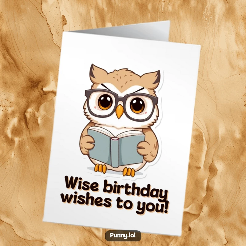 Funny Free Printable Birthday Card: A surprised owl with oversized glasses squints at a comically tiny book.