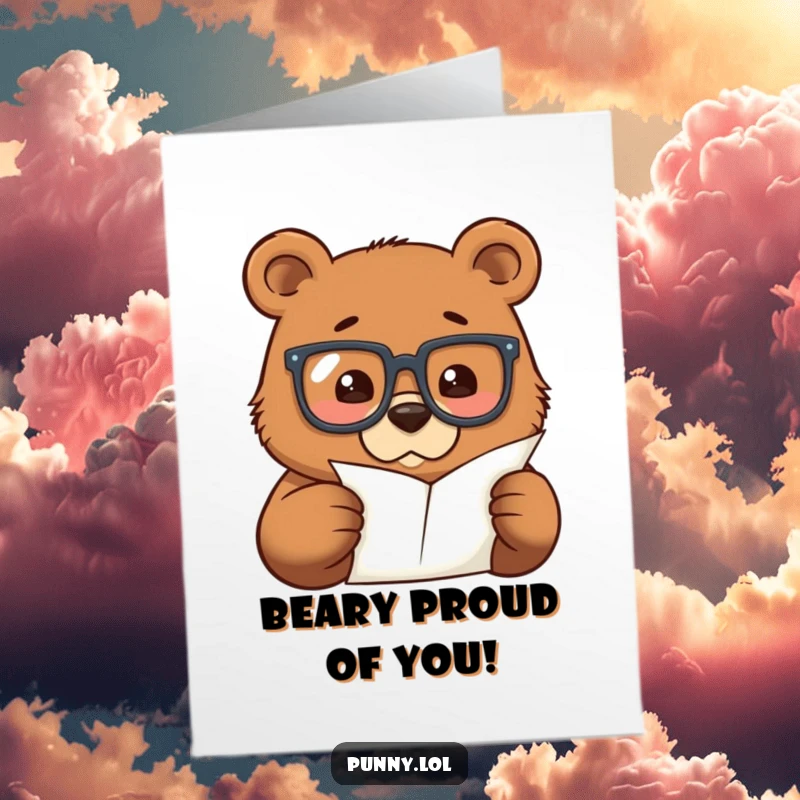 Funny Free Printable congratulations card of a determined bear wearing oversized glasses and studying a tiny paper.
