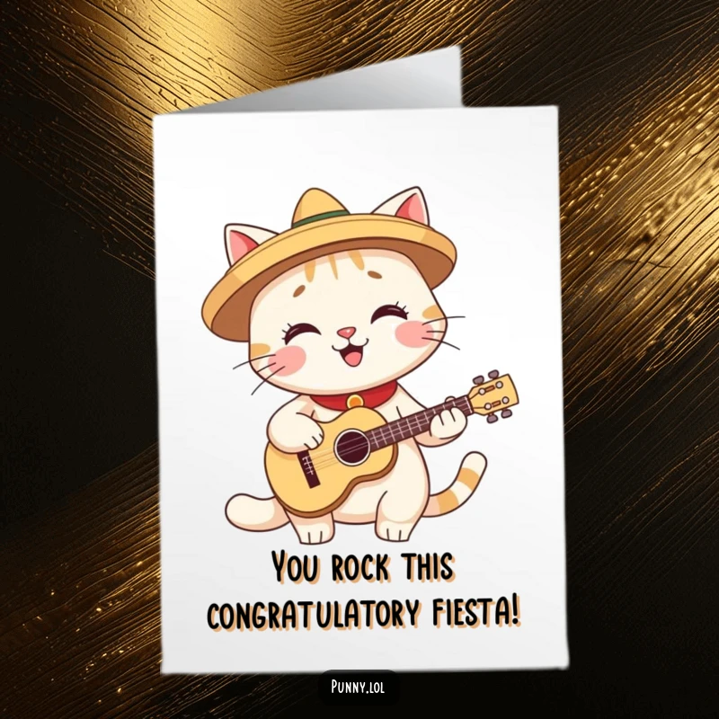 Funny Free Printable Congrats Card: Smiling cat in sombrero plays guitar, a lively and humorous congratulatory downloadable.