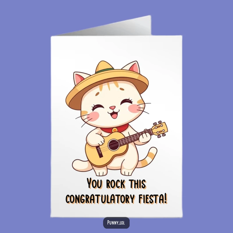 Free Printable Congrats Card: Fiesta Cat with Guitar Humorous Downloadable