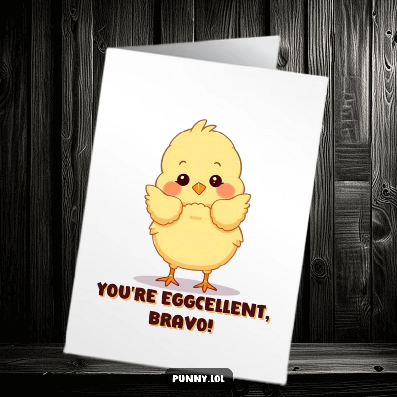 Funny Free Printable Congratulations Card showing a fluffy chick making a grand stage bow, a delightful downloadable gift.