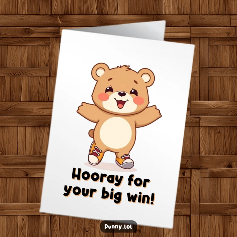 Funny Free Printable Congratulations Card: A delighted bear cub bounces happily, sporting one boot and one sneaker.