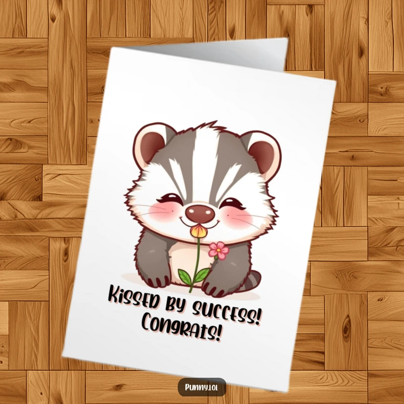 Funny Free Printable Congratulations Card: A smiling badger sends a kiss that blossoms into a tiny, sweet flower.