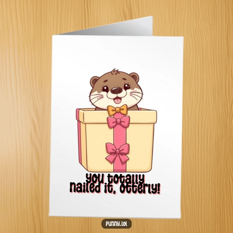 Funny Free Printable Congratulations Card with a dapper otter in a bow tie popping out of a gift box, celebrating success.