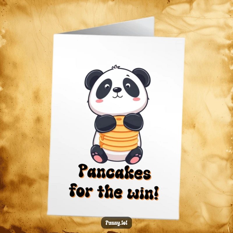 Funny Free Printable Congratulations Card of a panda expertly balancing pancakes on its nose, celebrating a sweet success.