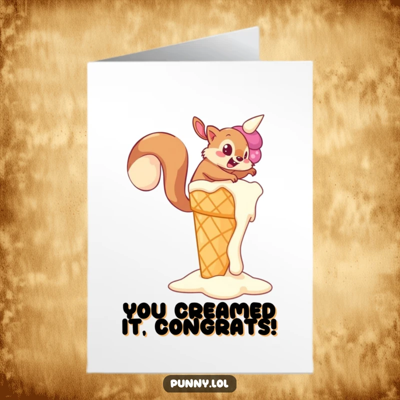 Funny Free Printable Congrats Card: A determined squirrel attempts to scale a massive, dripping ice cream cone.