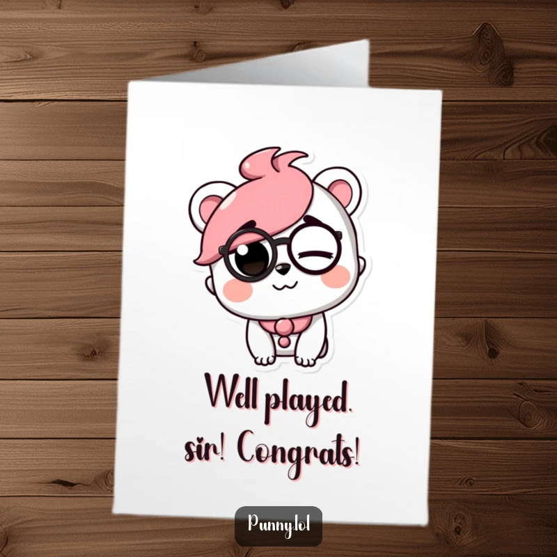 Funny Free Printable Congratulations Card: Playful character wearing a monocle, winking with a smug raised eyebrow.