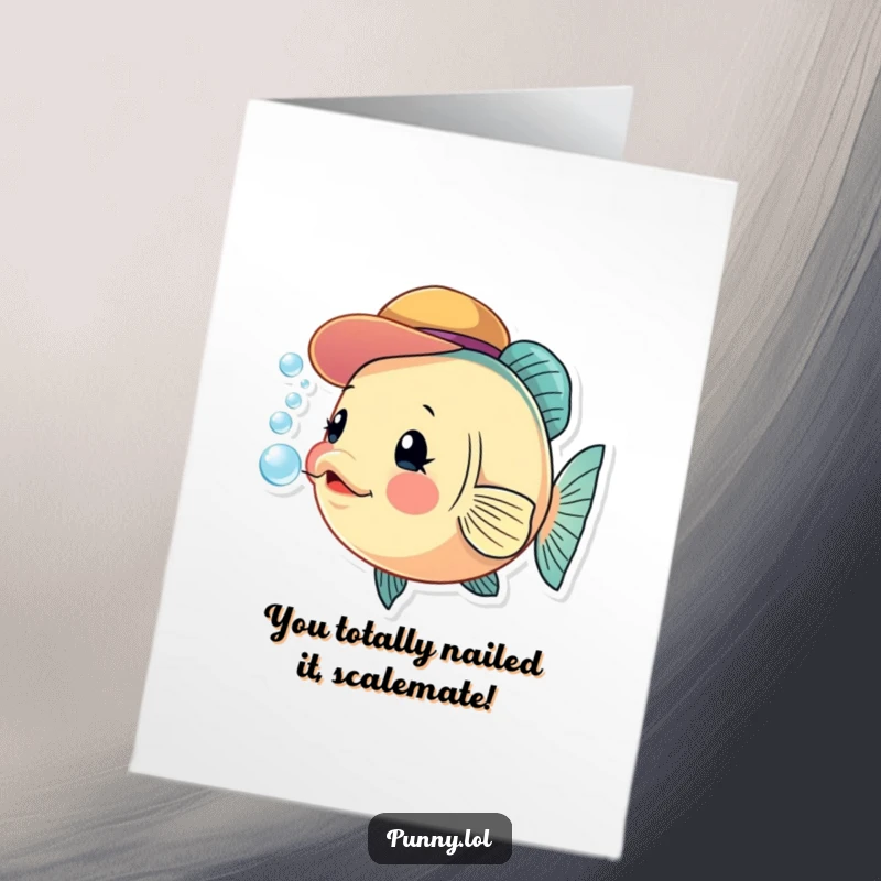 Funny Free Printable Congratulations Card showing a charming fish in a mini hat, blowing celebratory bubbles, a unique gift.