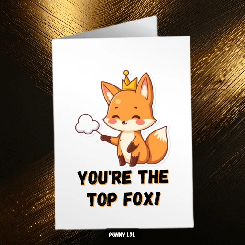Funny Free Printable Congrats Card: A regal fox wearing a crown gestures towards a cloud cleverly shaped like a pun, celebrating success.