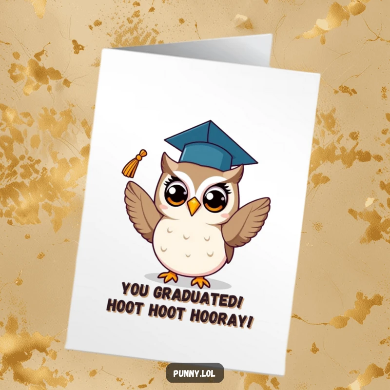 Funny Free Printable Congratulations Card showing a proud owl tossing its graduation cap tassel in celebration.