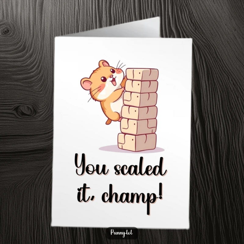 Funny Free Printable Congratulations Card: A focused hamster makes a determined ascent up a gigantic block, showing sheer willpower.