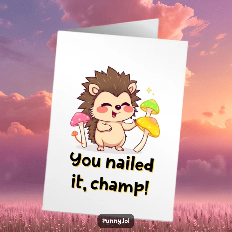 Hilarious Free Printable congratulations card featuring a joyful hedgehog juggling radiant mushrooms, perfect for any celebratory moment.